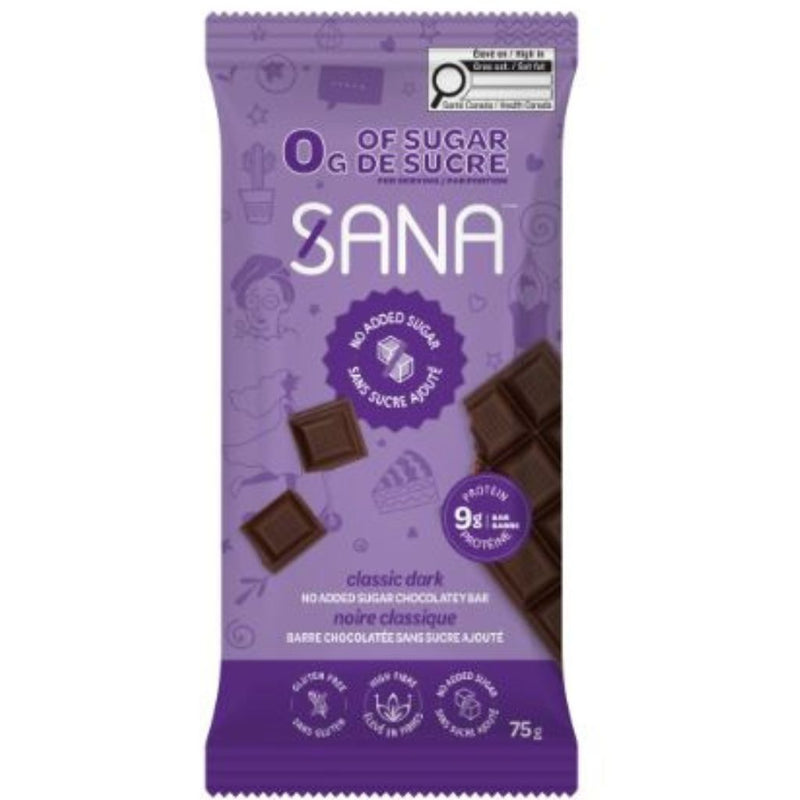 Sana Classic Dark No Sugar Added Bar, 75g - SupplementSource.ca