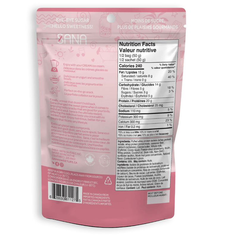 Sana No Sugar Added Protein Bites, 100 g Neapolitan Nutrition Panel - SupplementSource.ca 