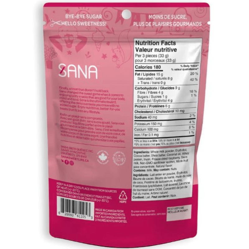 Sana Protein Bites White Chocolate Raspberry Nutrition Panel - SupplementSource.ca