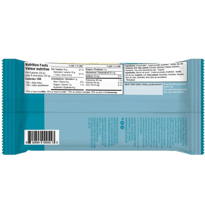 Sana Classic White No Sugar Added Bar Nutrition Panel, 75g - SupplementSource.ca