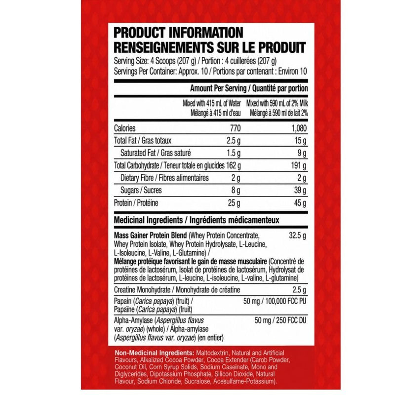 Six Star Mass Gainer Triple Chocolate Nutrition Panel, 4lb, SupplementSource.ca