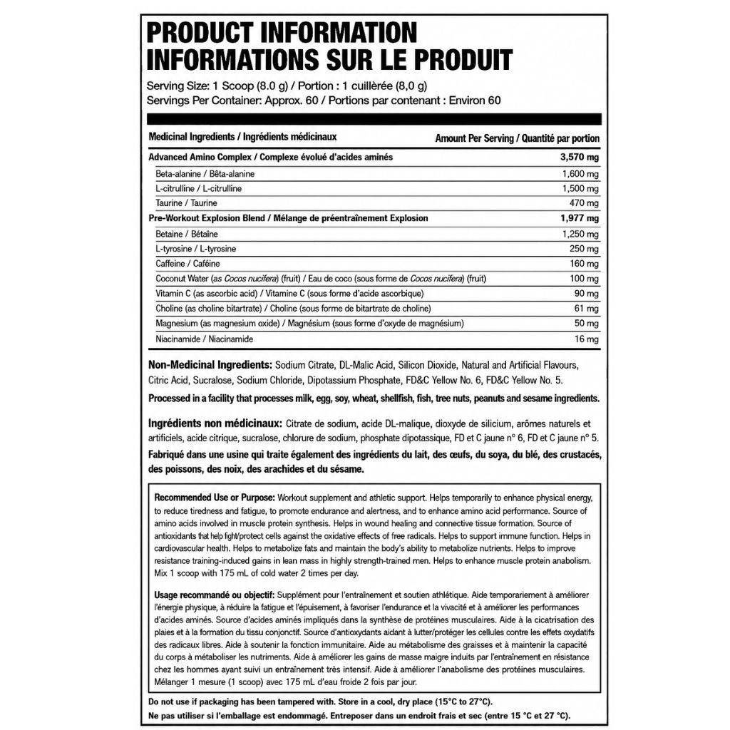 Six Star Pre-Workout Explosion, 60 Servings Peach Mango Nutrition Panel - SupplementSource.ca
