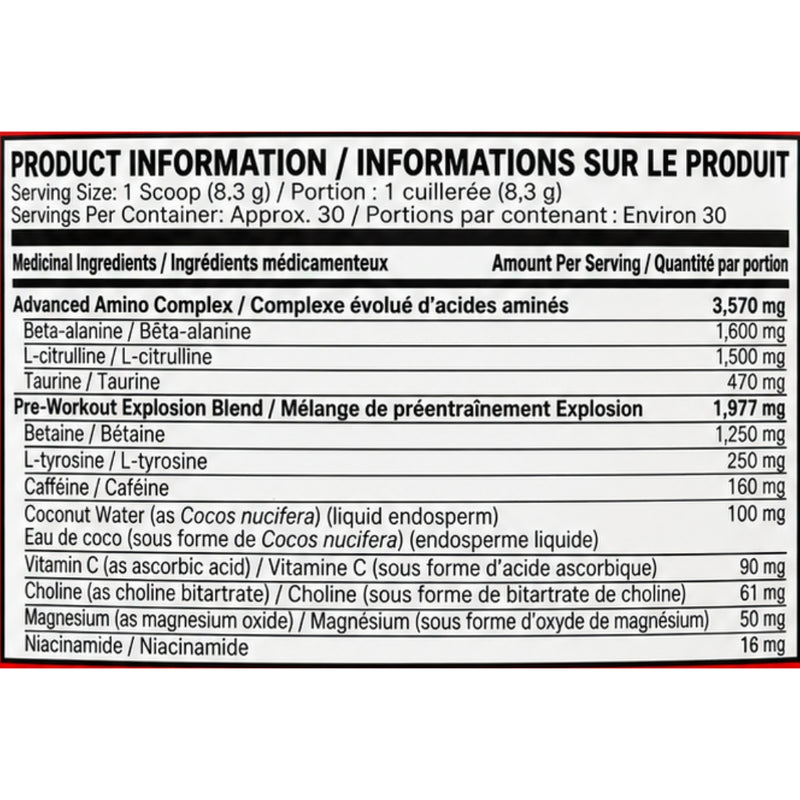 Six Star Pre-workout Explosion 2.0, 30 Servings Fruit Punch Nutrition Panel - SupplementSource.ca