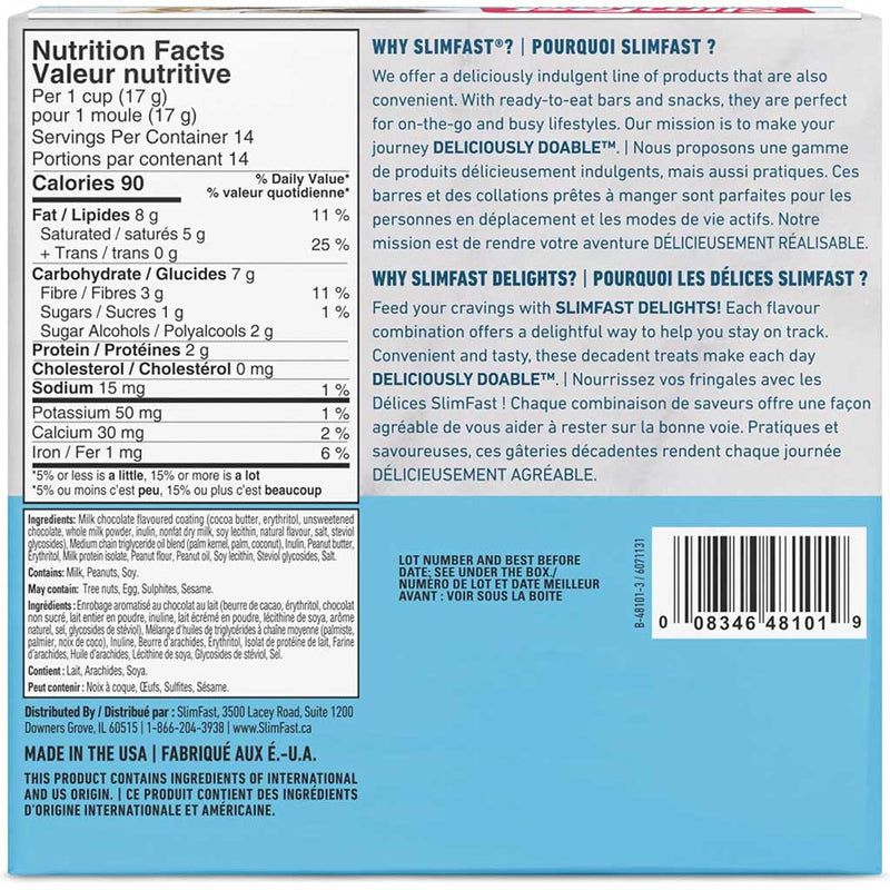 Slimfast Delights 10 Treats/Box Peanut Butter Chocolate Nutrition Panel - SupplementSource.ca