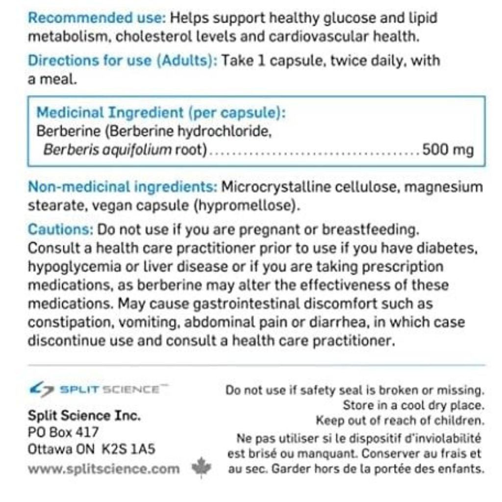Split Science Berberine Nutrition Panel, 90 VCaps - SupplementSource.ca