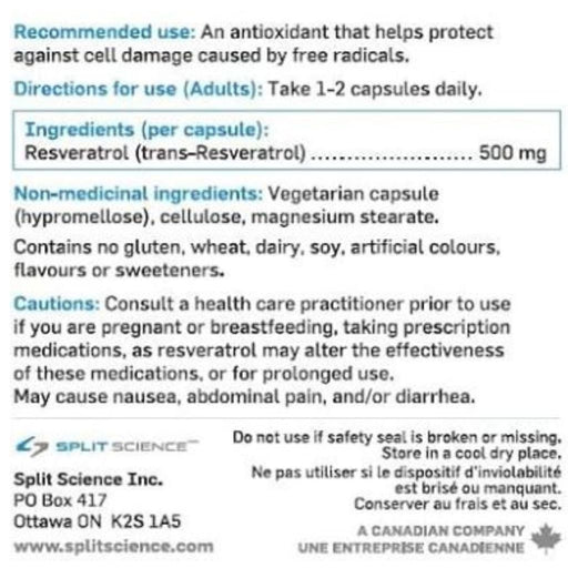 Split Science Resveratrol Nutrition Panel, 60 VCaps - SupplementSource.ca