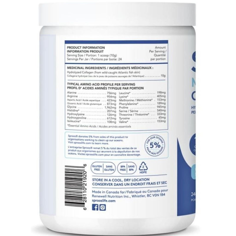 Sproos Marine Collagen Nutrition Panel, Unflavoured, 240g - SupplementSource.ca