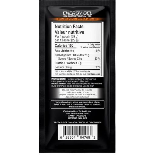 Sun River Honey Energy Gel, 29g Nutrition Panel - SupplementSource.ca
