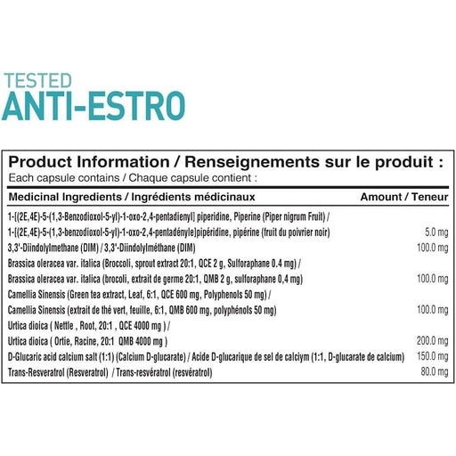 Tested Nutrition Anti-Estro, 120 Capsules Nutrition Panel - SupplementSource.ca