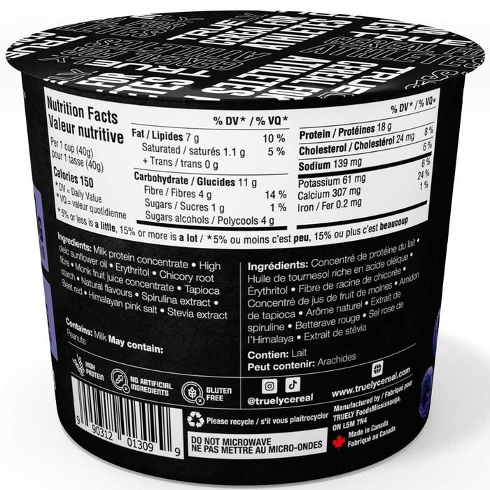 Truely Cereal Single Serv Cup, 40g Blueberry Muffin Nutrition Panel - SupplementSource.ca