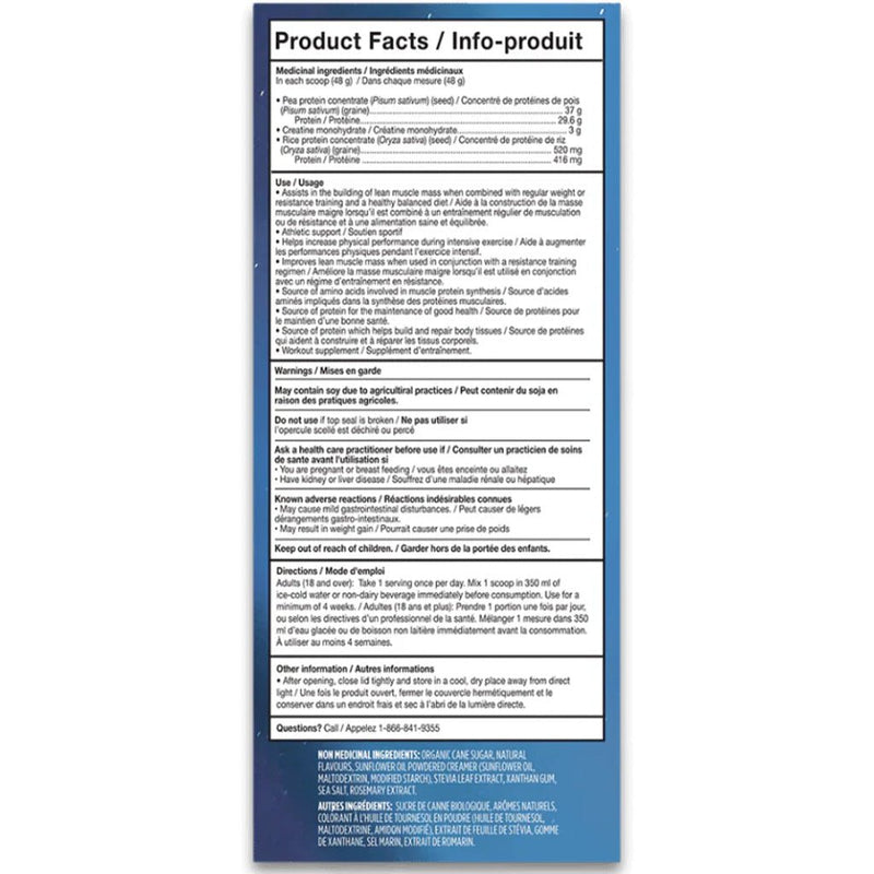 Vega Protein + Creatine, 18 Servings Creamy Vanilla Nutrition Panel - SupplementSource.ca