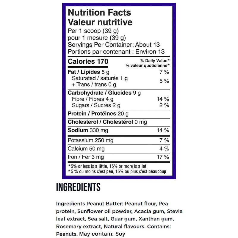 Vega Nut Butter Shake, 13 Servings Peanut Butter Nutrition Panel - SupplementSource.ca