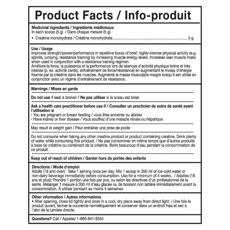 Vega Creatine Monohydrate, 100 Servings Unflavoured Nutrition Panel - SupplementSource.ca