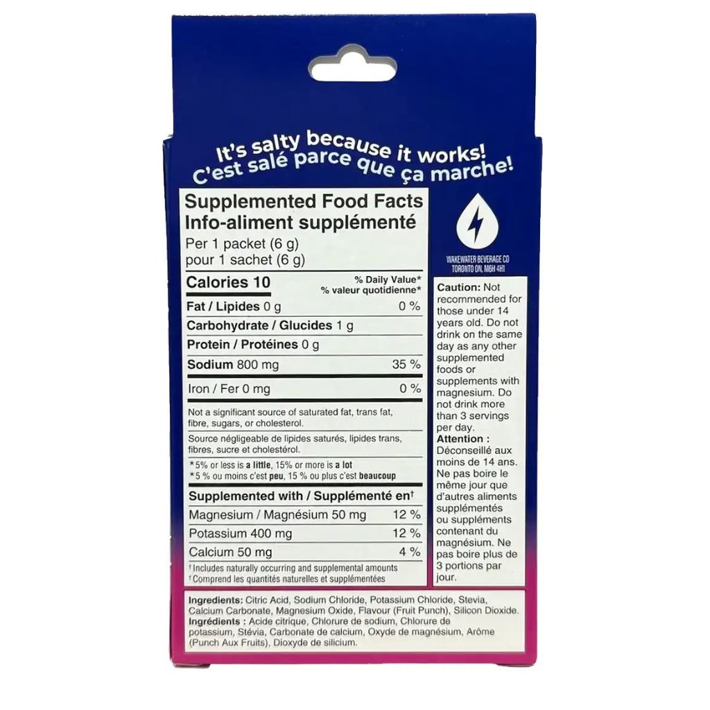 Wakewater Electrolytes, 6g x 8 Packets Fruit Punch Nutrition Panel - SupplementSource.ca