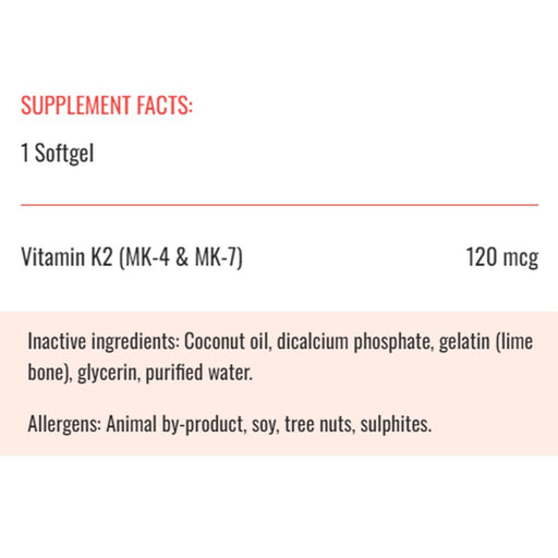 Wholistic Vitamin K2, 120 Softgels Nutrition Panel - SupplementSource.ca