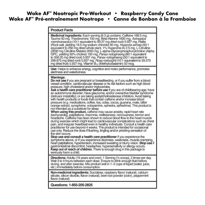 Bucked Up Woke AF, 40 Servings Raspberry Candy Cane Nutriton Panel - SupplementSource.ca