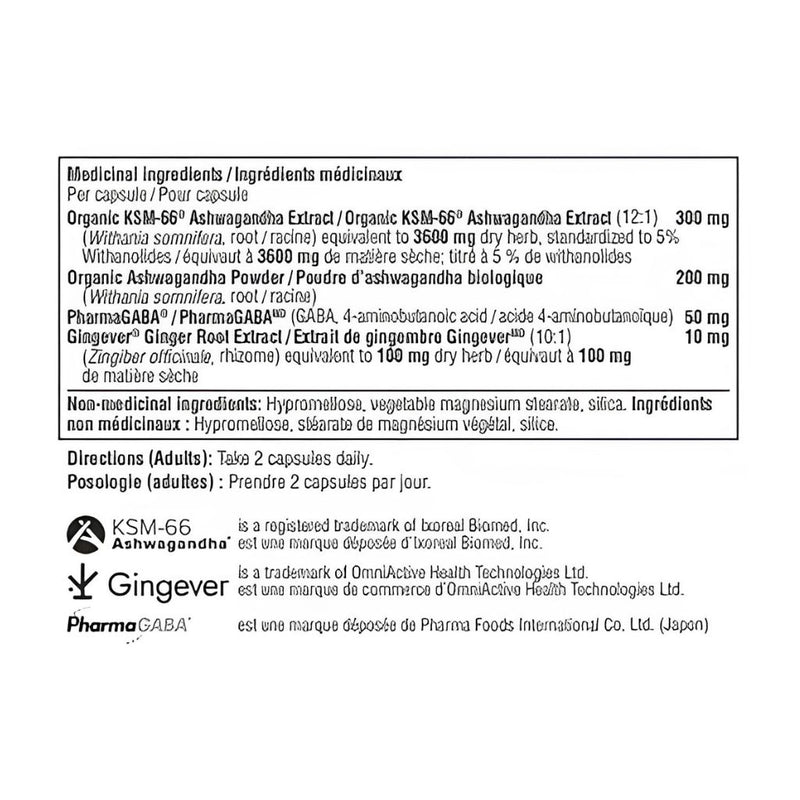 Youtheory Ashwagandha+ with GABA, 60 Vegetarian Capsules Nutritional Panel - SupplementSource.ca