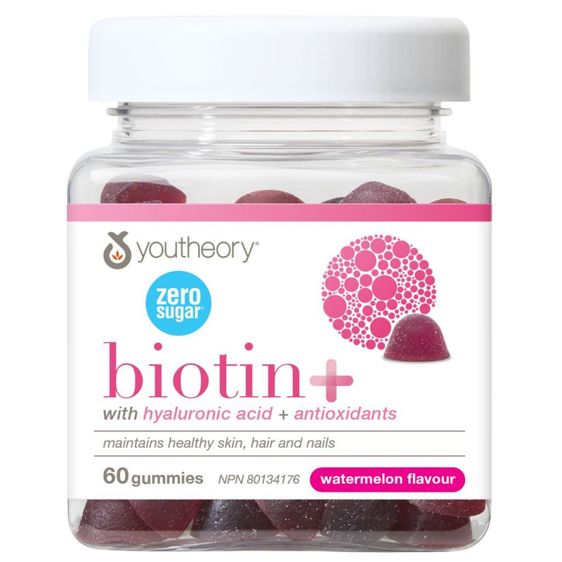 Youtheory Biotin+ Zero Sugar Gummies, 60 Gummies Watermelon Flavour - SupplementSource.ca