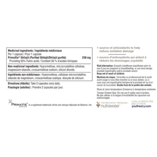 Youtheory Shilajit Nutrition Panel, 60 VCaps - SupplementSource.ca