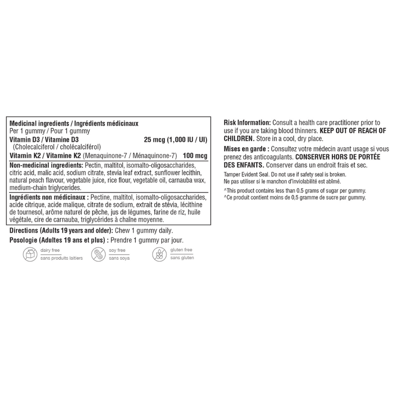 Youtheory Vitamin K2 + D3 Zero Sugar Gummies, 60 Gummies Nutrition Facts - SupplementSource.ca