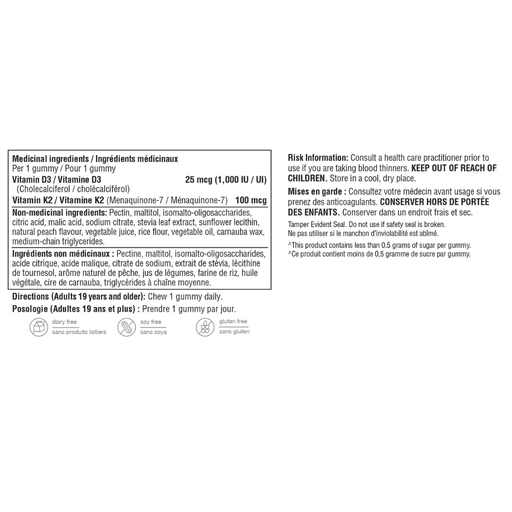 Youtheory Vitamin K2 + D3 Zero Sugar Gummies, 60 Gummies Nutrition Facts - SupplementSource.ca