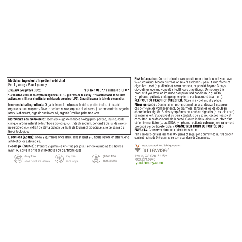 Youtheory Probiotic Zero Sugar Gummies, 60 Gummies Nutrition Facts - SupplementSource.ca