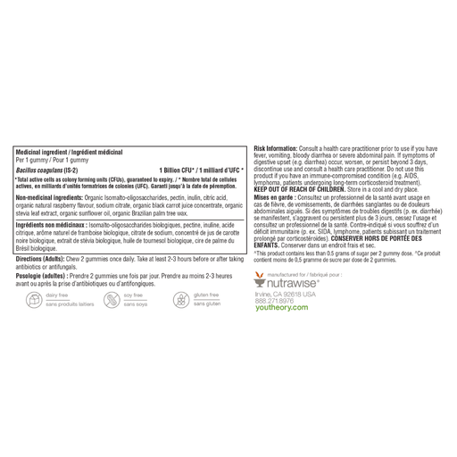 Youtheory Probiotic Zero Sugar Gummies, 60 Gummies Nutrition Facts - SupplementSource.ca