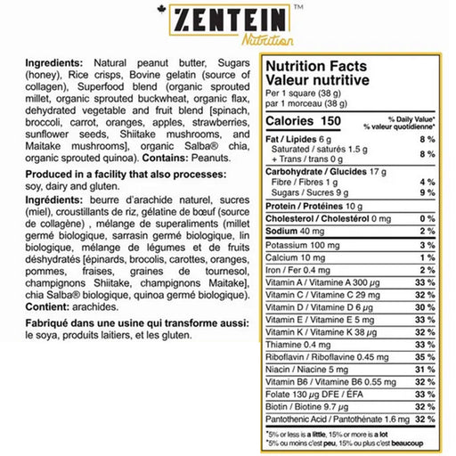 Zentein Nutrition Elite Square, 38g Honey Peanut Crispy Nutrition Panel - SupplementSource.ca
