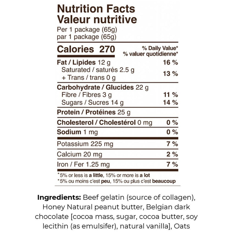 Zentein Nutrition Collagen Protein Bar, Peanut Butter Cup, 65g Nutrition Panel  - SupplementSource.ca