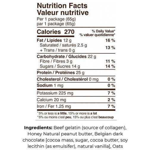 Zentein Nutrition Collagen Protein Bar, Peanut Butter Cup, 65g Nutrition Panel  - SupplementSource.ca
