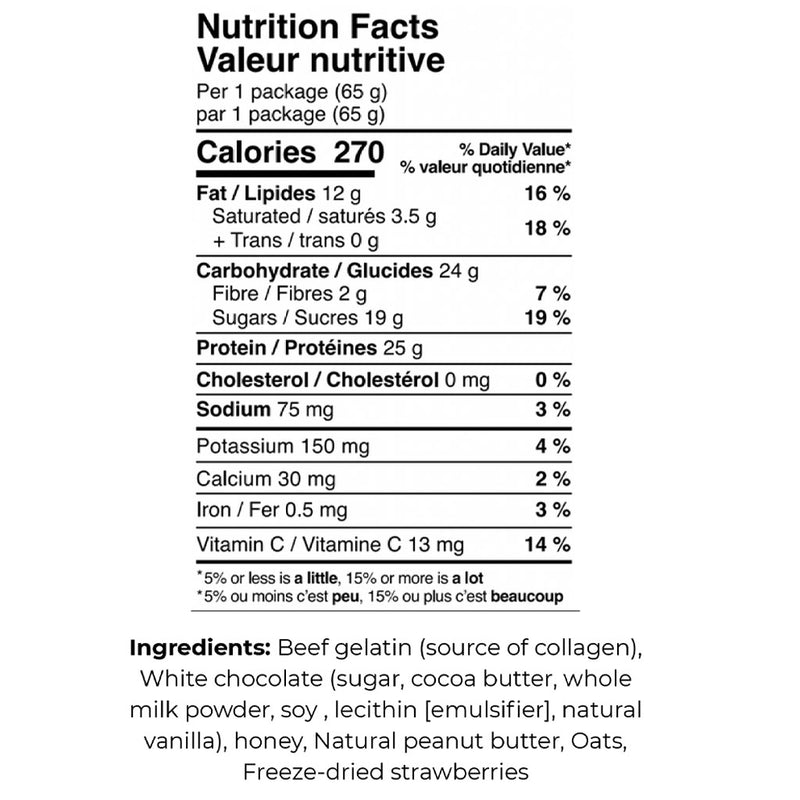 Zentein Nutrition Strawberry Blondie Protein Bar, 65g Nutrition Panel - SupplementSource.ca