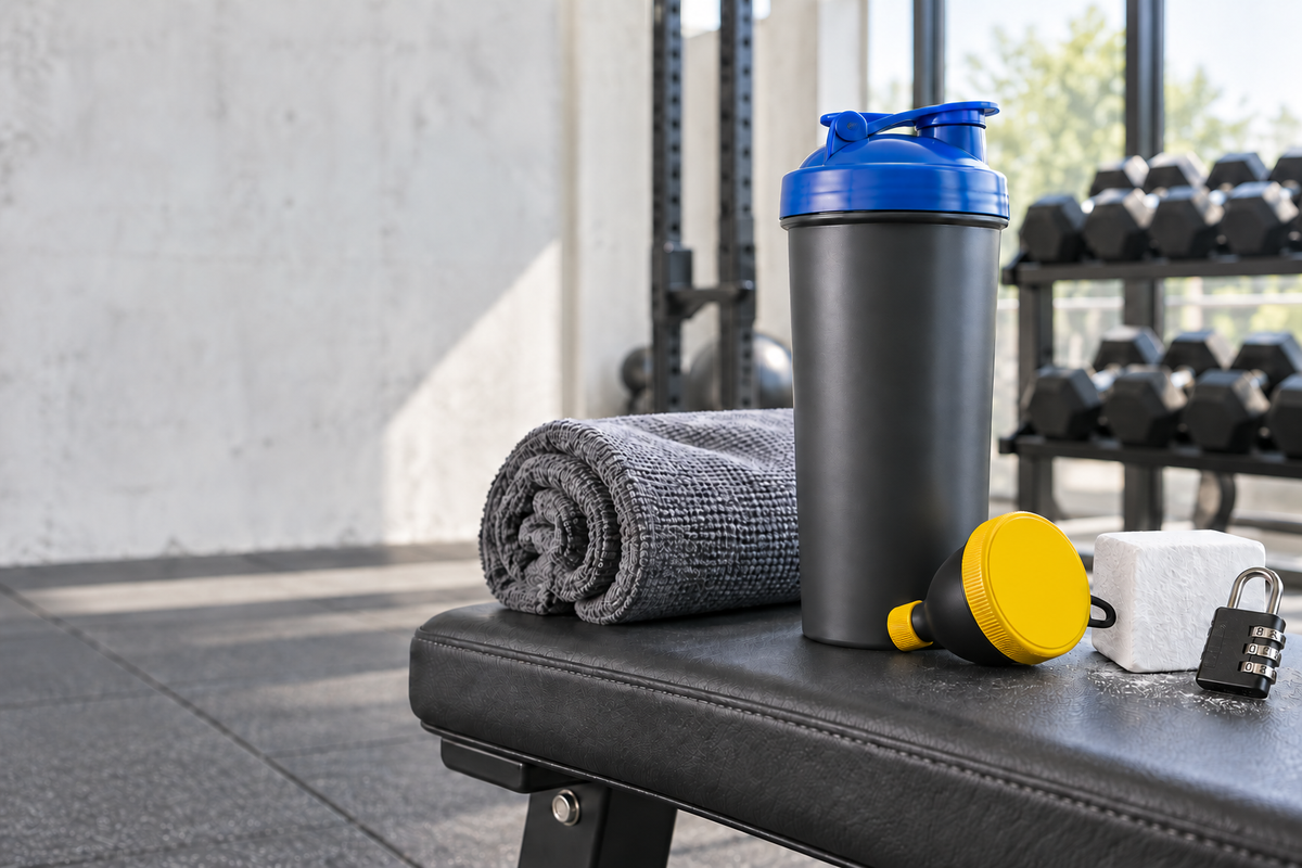 Shaker bottle, rolled gym towel, black and yellow protein funnel, chalk and combination lock resting on a gym bench.