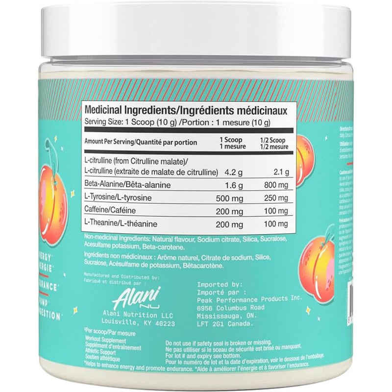 Alani Nu PRE-WORKOUT Juicy Peach Nutrition Panel - SupplementSource.ca