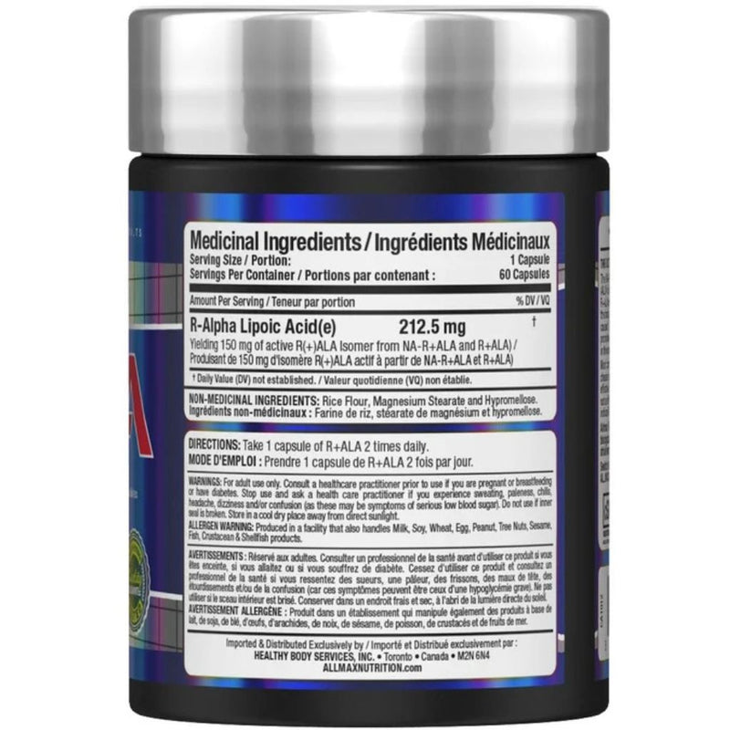 Allmax R-ALA, (Alpha Lipoic Acid), 60 Caps Nutritional Panel - SupplementSource.ca