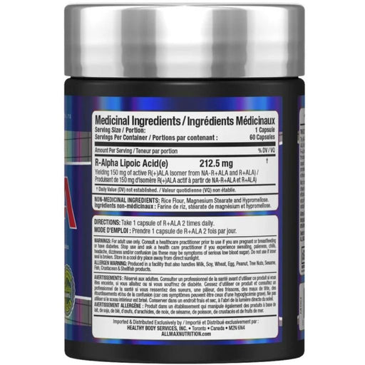 Allmax R-ALA, (Alpha Lipoic Acid), 60 Caps Nutritional Panel - SupplementSource.ca