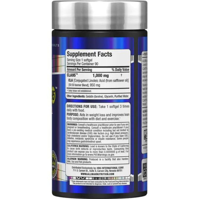 Allmax CLA95, 90 Softgels Nutritional Panel - SupplementSource.ca