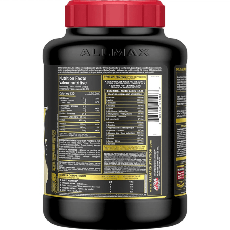 Allmax Gold AllWhey, 5lbs Vanilla Nutrition Panel - SupplementSource.ca