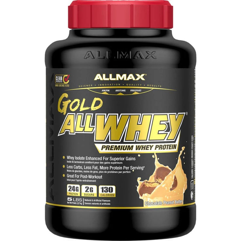 Allmax Gold AllWhey, 5lbs Chocolate Peanut Butter Nutrition Panel - SupplementSource.ca