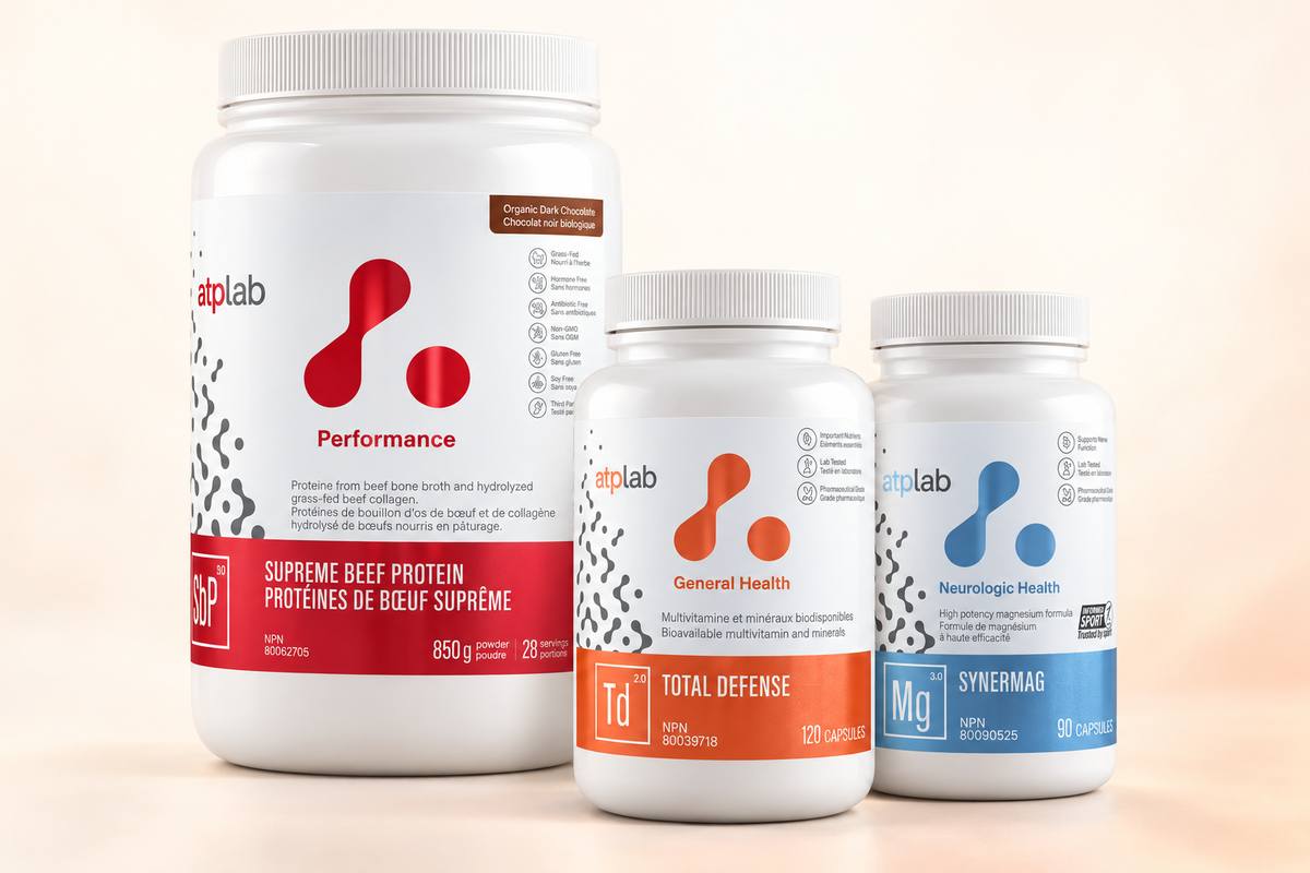 ATP Lab Supreme Beef Protein, Total Defense and Synermag grouped together