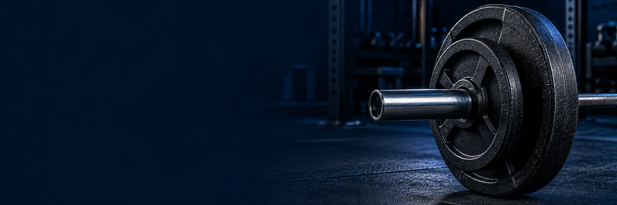 Black weight plates loaded on a silver barbell in a dark blue gym
