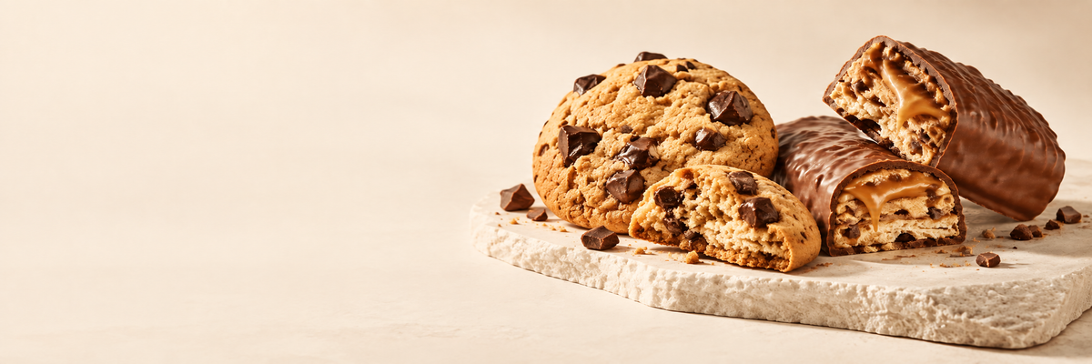 Chocolate-coated bars with caramel and wafer layers beside a chocolate-chip cookie and a broken cookie half.