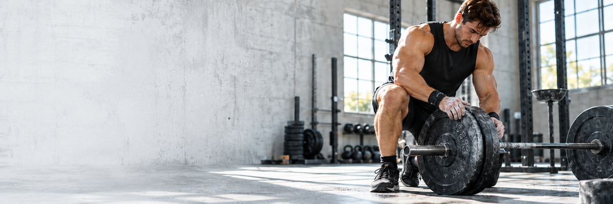 Athlete preparing a barbell in a bright strength-training gym