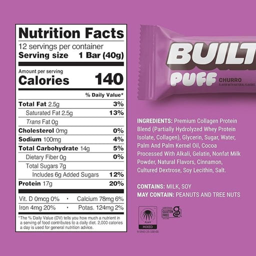 Built Puff Protein Bars, 12 Bars/Box Churro Nutrition Panel - SupplementSource.ca