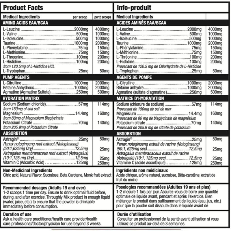 Bull Nutrition Amino Xplode Matador Mango Nutrition Panel - SupplementSource.ca