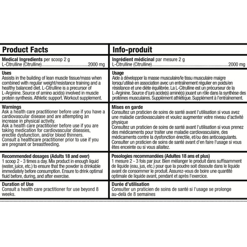 Bull Nutrition L-Citrulline Nutrition Panel - SupplementSource.ca