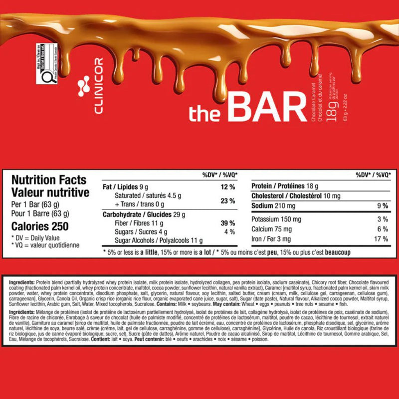 Clinicor THE BAR 12 Bars Chocolate Caramel Nutrition Panel - SupplementSource.ca