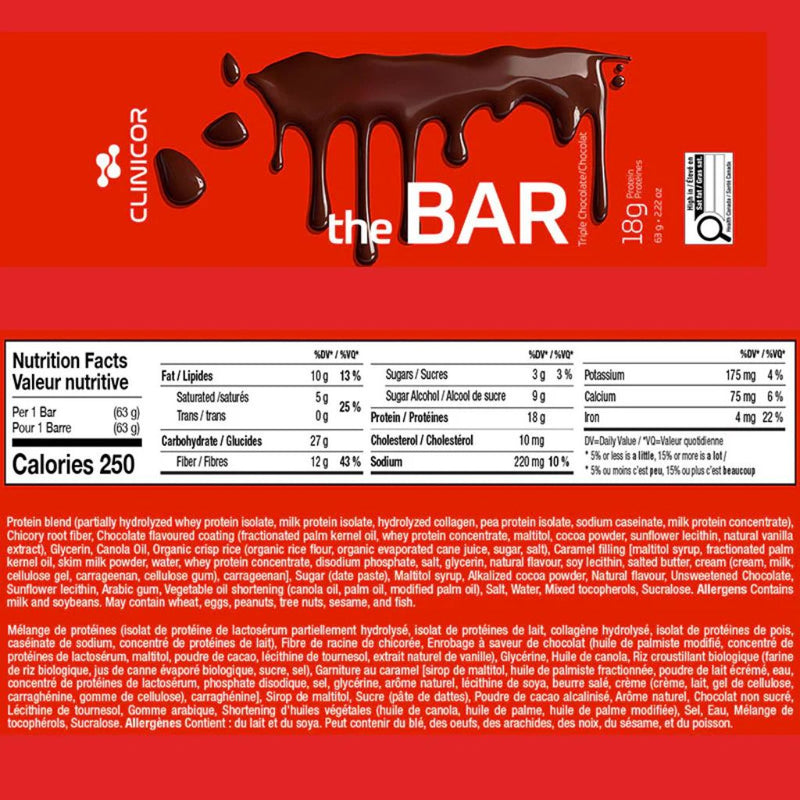 Clinicor THE BAR 12 Bars Triple Chocolate Nutrition Panel - SupplementSource.ca
