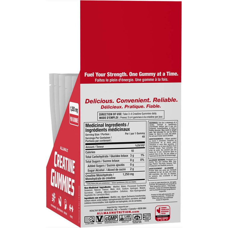 Allmax Creatine Gummies Tray Nutrition Panel, 6 Pouches/Box - SupplementSource.ca