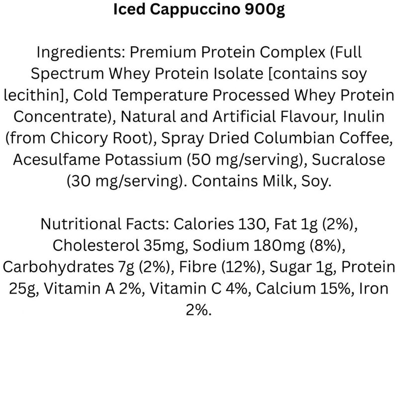 DynaPure DynaWhey, 900g Iced Cappuccino Nutrition Panel - SupplementSource.ca