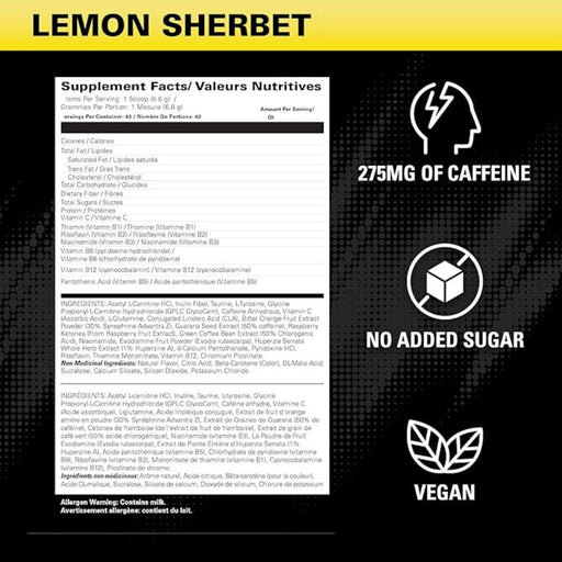 EHPLabs OxyShred Hardcore 40 Servings Lemon Sherbet Nutrition Panel - SupplementSource.ca